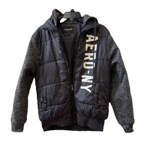 Aeropostale Hooded Puffer Jacket Med Aero New York Black Full Zip Black White